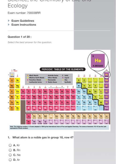 Ecology Exam number: 700038RF Exam Guidelines Exam Instructions Question 1 of 20: Select the best answer for the question. PE