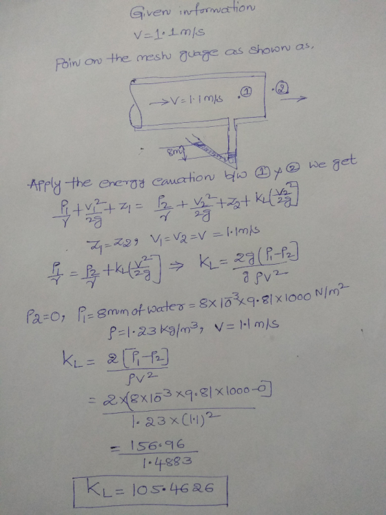 Poln/ on the mesんƠuge as shown as, Afrg-He ereTOY Cauation blo ㊤t@ we get we ad 112 2一 P=123 kg/m3, V=1.1m/s しー l-4883