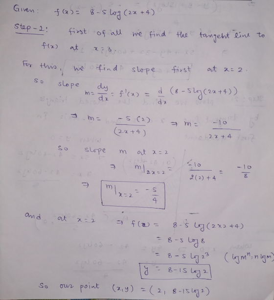 ven : -{ (a ): 8-slag(2x +4) Step 1: st os au we find Gi ta the tanet i - 1 So sLo pe dy 4 2 x + 4 8 2 (2) +4 (zy)(2, 8) So o
