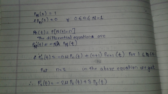 PRI C0) 1 Phit) P[N(H)E The differential equations are PRlt)ENA Rt) (nt1) Pox (t) For ( Put 7i in the above equation we get N