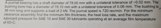A journal bearing has a shaft diameter of 78.00 mm with a unilateral tolerance of -0.02 mm. The bushing bore has a diameter o