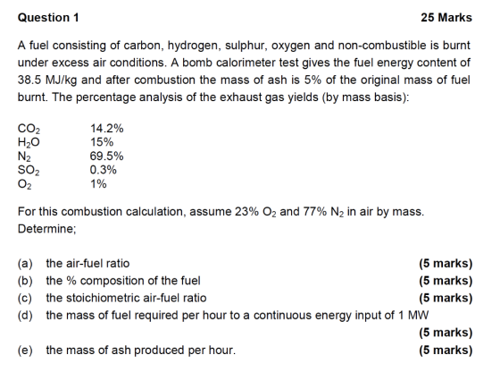 Question 1 25 Marks A fuel consisting of carbon, hydrogen, sulphur, oxygen and non-combustible is burnt under excess air cond