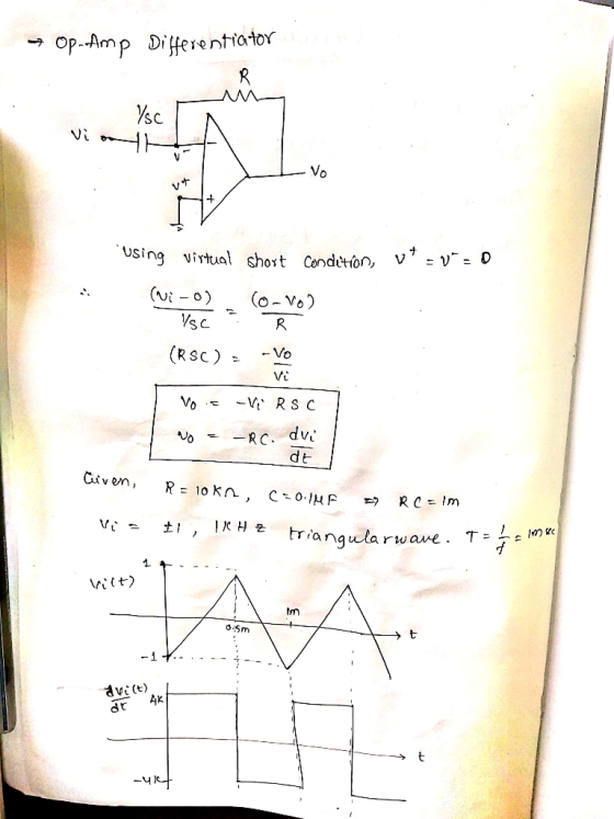 op-Amp Differe ntiator SC V) USing Virtual short Condtion, v:v- D S C Vt de- v em ViCt) tm 0.5m Avi (t) dt