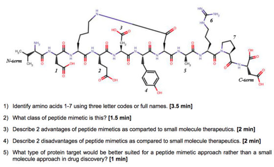 0 0 0 N-term он O CH OH 1) Identify amino acids 1-7 using three letter codes or full names. [3.5 min] 2) What class of peptid