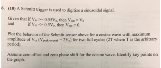 (10) A Schmitt trigger is used to digitize a sinusoidal signal 6. Given that if Vin and 0.55Vo, then Vout-V if Vin0.5Vo, then