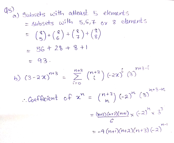 a) Subsels oith ateast 5 elemerts - 93 m+3- n +3 1-I