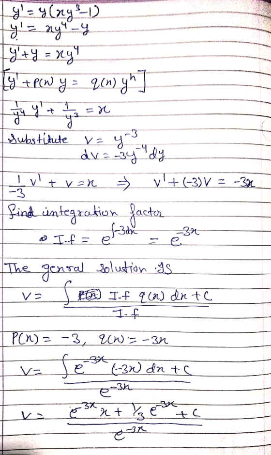 4 fuh (mb = R mu 3 3 Jubstitute va dv dy V(3)V v -3x Lind integrationJact T..f The genral olustien S V2 PCn)-3 cn) -3n (-3x)