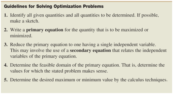 Guidelines for Solving Optimization Problems 1. Identify all given quantities and all quantities to be determined. If possibl