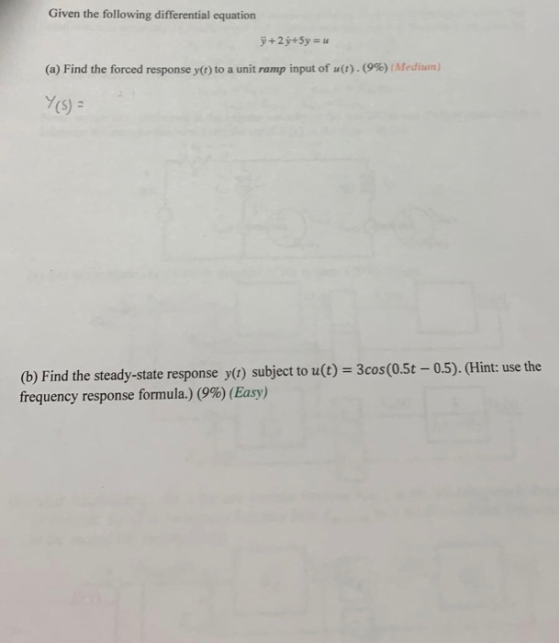 Given the following differential equation (a) Find the forced response y(t) to a unit ramp input of u(t). (9%) (Medium) (b) F