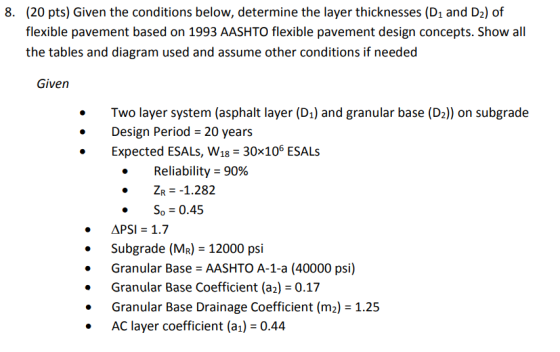 (20 pts) Given the conditions below, determine the layer thicknesses (D1 and D2) of flexible pavement based on 1993 AASHTO fl
