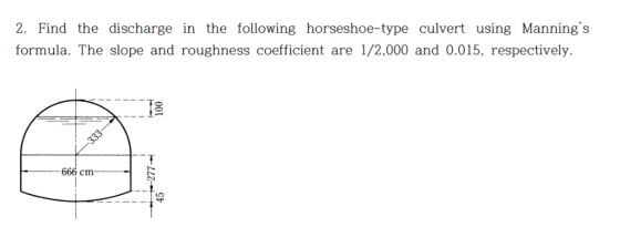 2. Find the discharge in the following horseshoe-type culvert using Mannings formula. The slope and roughness coefficient ar