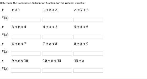 Determine the cumulative distribution function for the random variable. F(x) F(x) F(x) 15 s X 10 sx< 15 F(x)