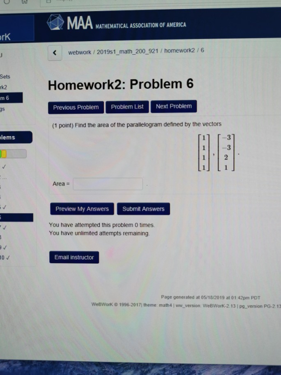 IMAA MATHEMATICAL ASSOCIATION OF AMERICA rk K webwork /2019s1_math_200_921 / homework2/6 Sets Homework2: Problem 6 Previous P