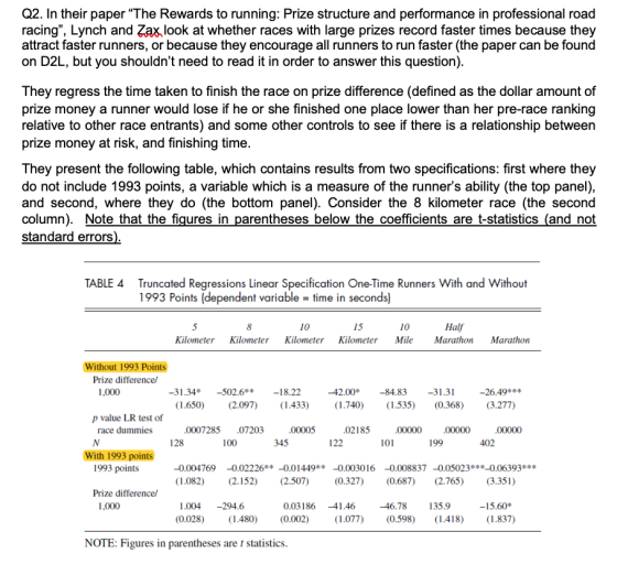 Q2. In their paper The Rewards to running: Prize structure and performance in professional road racing, Lynch and Zaxlook a
