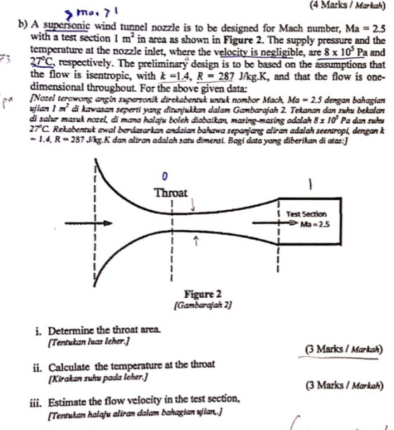 (4 Marks/Markah) b) A supersonic wind tunnel nozzle is to be designed for Mach number, Ma = 2.5 with a test section I m in a