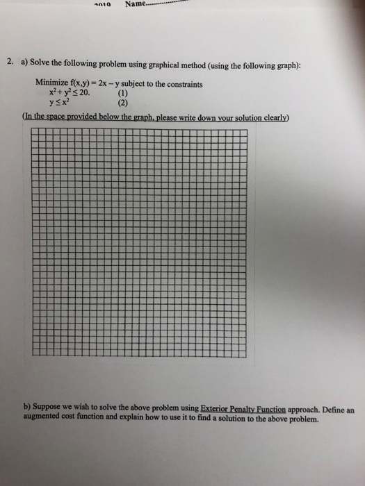 Name.... * an10 a) Solve the following problem using graphical method (using the following graph): 2. Minimize f(x,y)=2x-y su