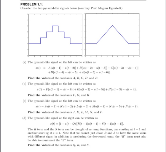 PROBLEM 1.1 Consider the two pyramid-like signals below (courtesy Prof. Magnus Egerstedt). (a) The pyramid-like signal on the