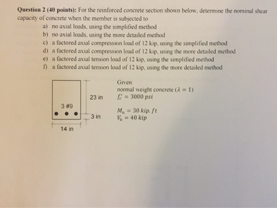 Question 2 (40 points): For the reinforced concrete section shown below, determine the nominal shear capacity of concrete whe