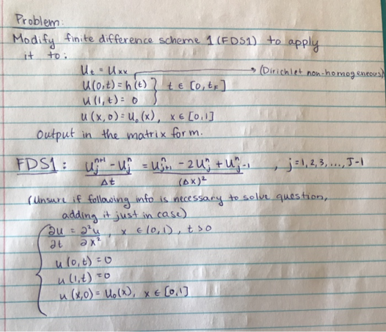 Problem Modify finte difference schene 1 (ED51) it to i (Dirichlet non-homog entous u(it) o output in the motrix fr m n+l At(