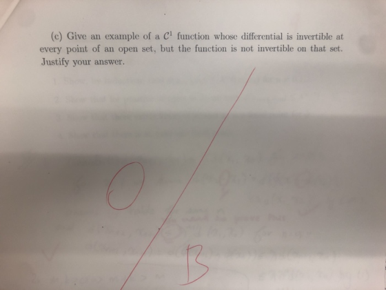 (c) Give an example of a Cl function whose differential is invertible at every point of an open set, but the function is not