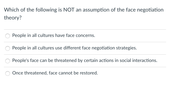 Which of the following is NOT an assumption of the face negotiation theory? People in all cultures have face concerns. OPeopl