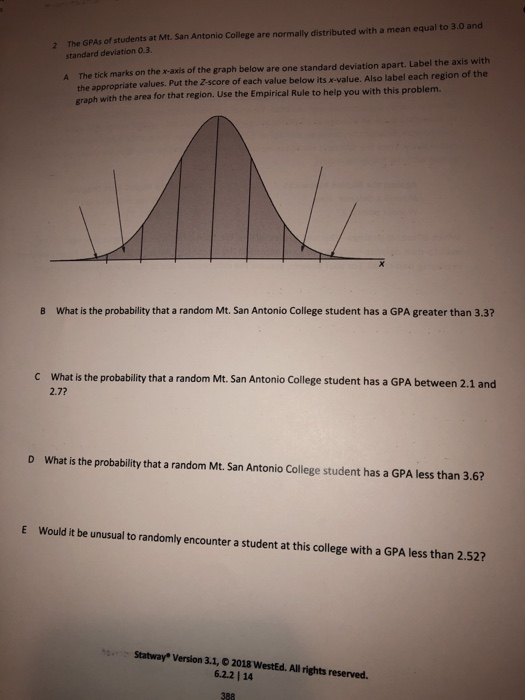 The GPAs of students at Mt. San Antonio College are normally distributed with a mean equal to 3.0 and 2 standard deviation 0.