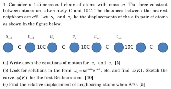 1. Consider a 1-dimensional chain of atoms with mass m. The force constant between atoms are alternately C and 10C. The dista