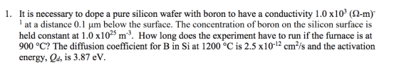 It is necessary to dope a pure silicon wafer with boron to have a conductivity 1.0 x 10% ( 2-m) 1. at a distance 0.1 μm below