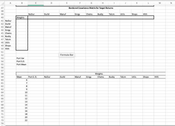 37 38 39 Bordered Covariance Matrix for Target Returns Durbl Manuf Enrgy Chems BusEq Telcm Utils Shops Hith Weights 41 NoDur