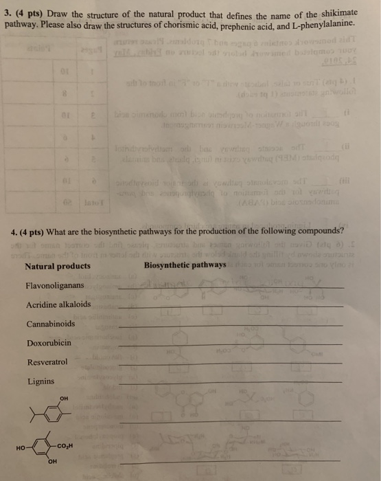 3. (4 pts) Draw the structure of the natural product that defines the name of the shikimate pathway. Please also draw the str