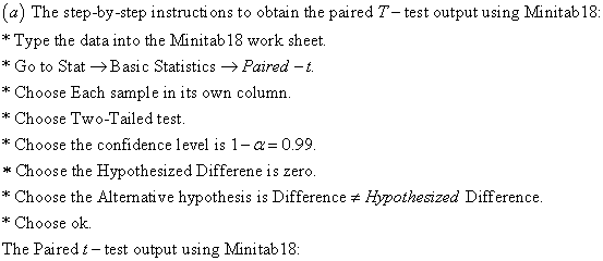 a) The step-by-step instructions to obtain the paired T- test output using Minitab18 K Type the data into the Minitab18 work