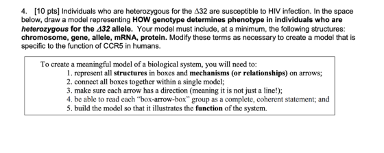 4. [10 pts] Individuals who are heterozygous for the A32 are susceptible to HIV infection. In the space below, draw a model r
