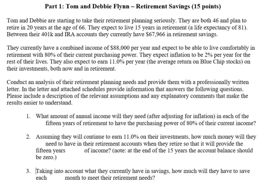 Part 1: Tom and Debbie Flynn - Retirement Savings (15 points) Tom and Debbie are starting to take their retirement planning s