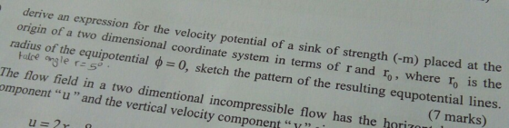 an expression for the velocity potential ofa sink of strength (-m) placed at the origin of a two dimensional coordinate syste
