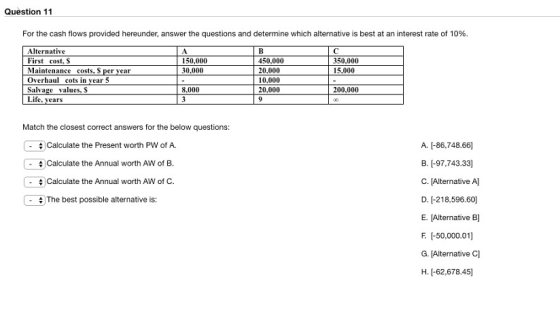 Question 11 For the cash flows provided hereunder, answer the questions and determine which alternative is best at an interes