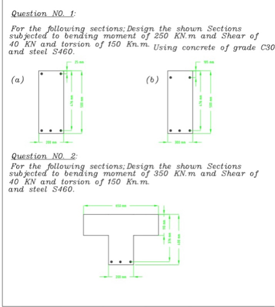 For the following sections: Design the shown Sections sub jected to bending moment of 250 KN.m and Shear of 40 KN and torsion