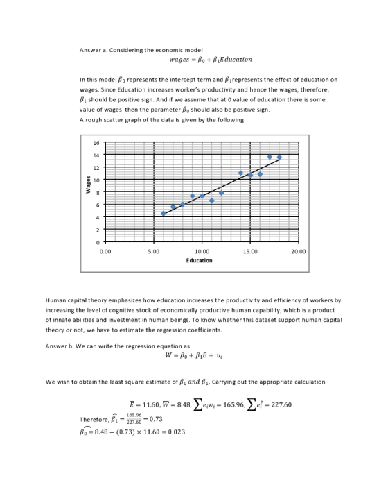 Answer a. Considering the economic model wages-β 0 + β 1E ducation. In this model β0 represents the intercept term and βι rep