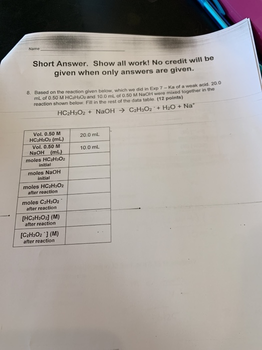 hort Answer. Show all work! No credit will be given when only answers are given. 8. Based on the reaction given below, which