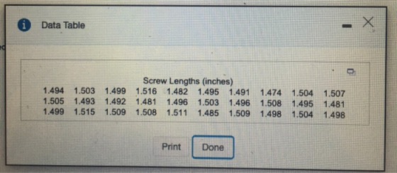 Data Table Screw Lengths (inches) 1.494 1.503 1.499 1.516 1.482 1.495 1.491 1.474 1.504 1.507 1.505 1.493 1.492 1.481 1.496 1
