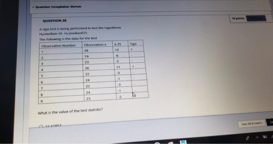 v Question Completion Status QUESTION 20 A sign test is being performed to test thhe hypothests The following is the data for