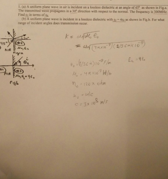 I. (a) A uniform plane wave in air is incident on a lossless dielectric at an angle of 45 as shown in Fig.a. The transmitted
