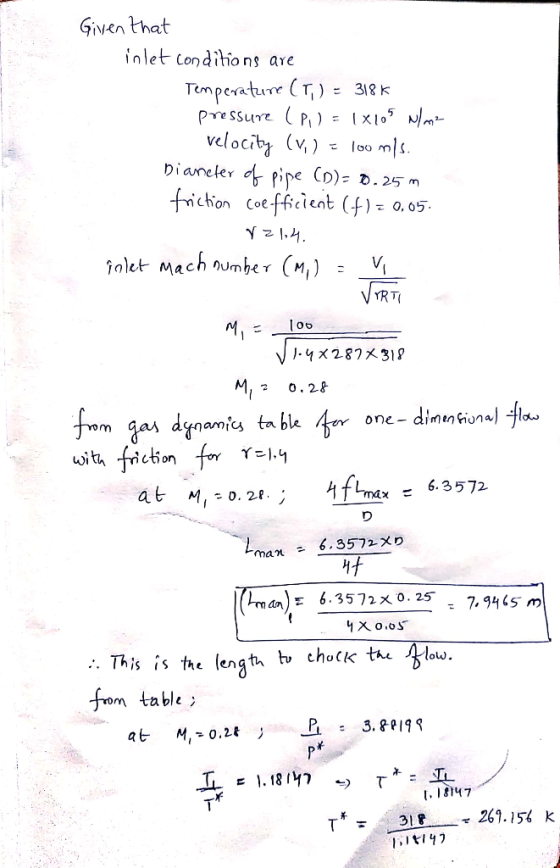 GiNen that inlet conditio ns are Temperaturre (r) PressureP ) velociby v) Diancter d pipe CD)= D.25 m 318 K frichion cotffici