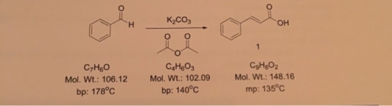 K2CO3 C7HgO Mol. Wt.: 106.12 bp: 178°C C4H6O3 Mol. Wt.: 102.09 CgHgO2 Mol. Wt.: 148.16 bp: 140°C mp: 135°C