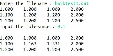 Enter the filename hw5btest1.dat 1.000 1.000 1.000 2.000 1.100 1.200 1.200 2.000 1.200 1.200 1.200 2.500 Input the tolerance