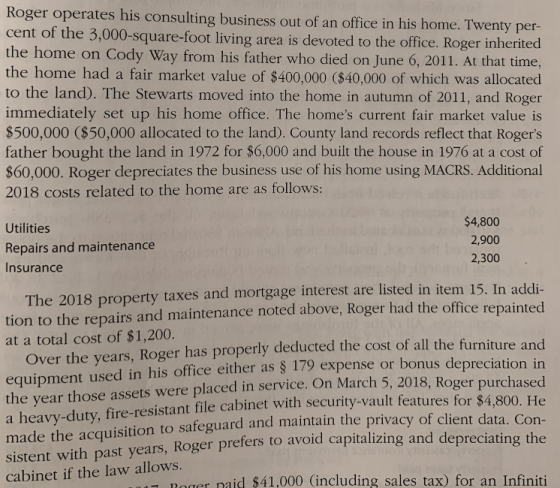Roger operates his consulting business out of an office in his home. Twenty per- cent of the 3,000-square-foot living area is