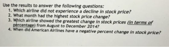Use the results to answer the following questions 1. Which airline did not experience a decline in stock price? 2. What month