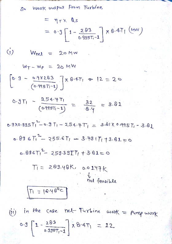 Work ouput From Turbine x 8.4T MW) 2 83 1 - 0.995T-1 Wnek 2o MW 20 MW WT Wp 0.9X283 X 8.4TI |2 = 20 Co. 915 TM-1 254.7T O 3 T