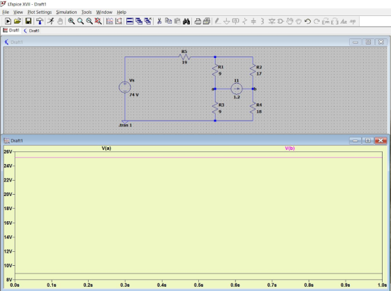 LTspice XVII Draft1 Eile View Plot Settings Simulation Iools Window Help LDrDraft Draft1 R5 19 R1 R2 17 9 Vs 74 V 1.2 R4 18 R