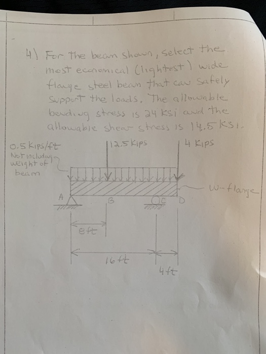 4) For The beam shoun select the wide Hlauje steel bean thet ca Safely suppert the loadls, The alluuwable beudv stress is ay