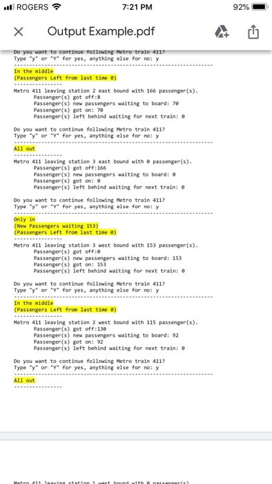 ROGERS 7:21 PM 92% × Output Example.pdf Type y or for yes, anything else for no: y In the middle (Passengers Left fron last